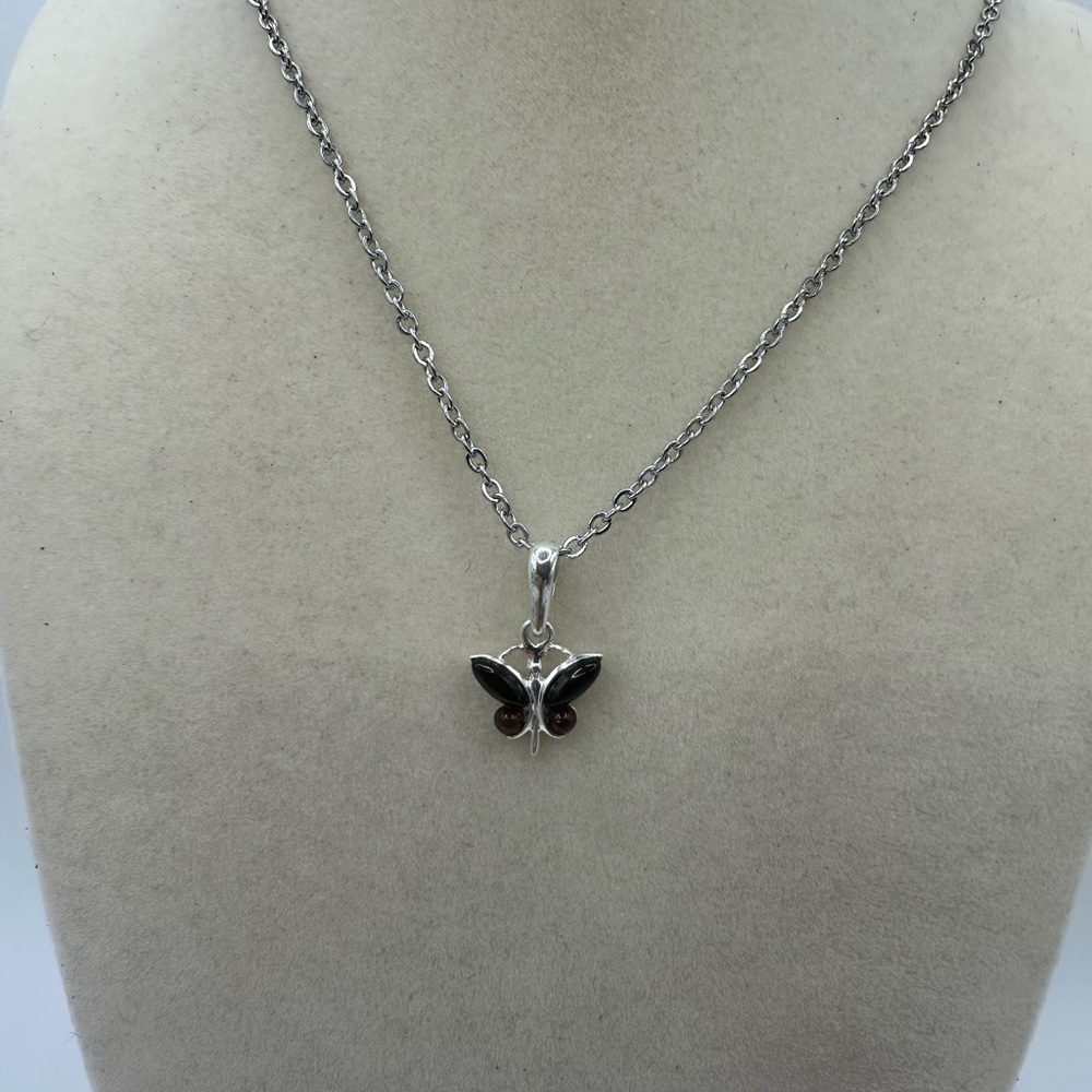 Elegant & Simple Cherry Amber Silver Butterfly Pendant on Stainless Steel Chain - Picture 7 of 9